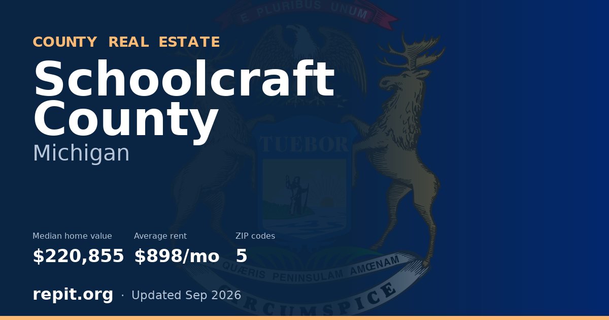 Schoolcraft County, MI real estate — median home value $220,855, average rent $898/mo