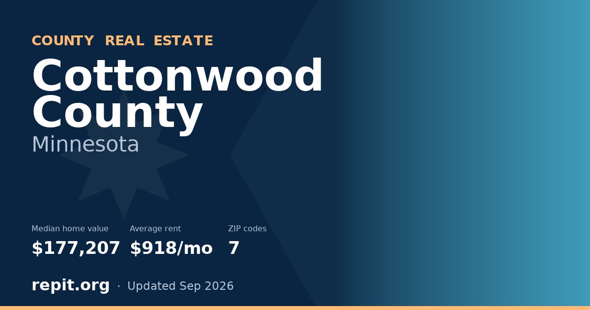 Cottonwood County, MN real estate — median home value $177,207, average rent $918/mo