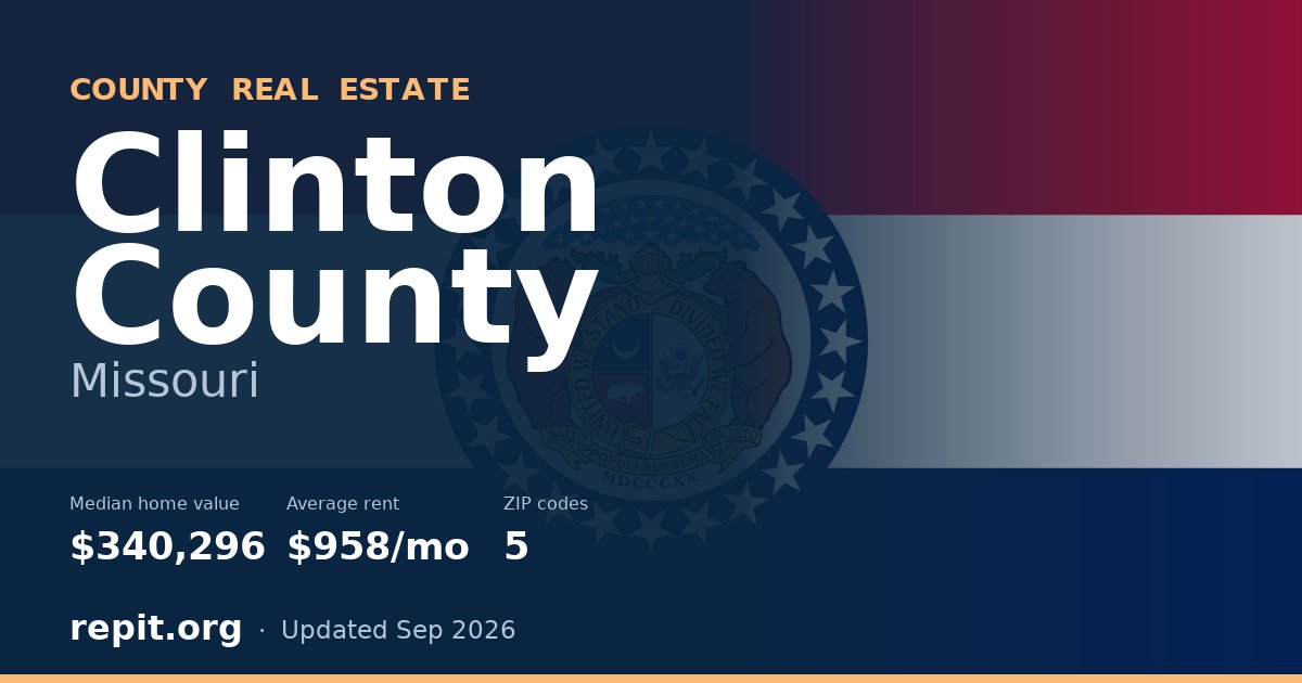 Clinton County, MO real estate — median home value $340,296, average rent $958/mo