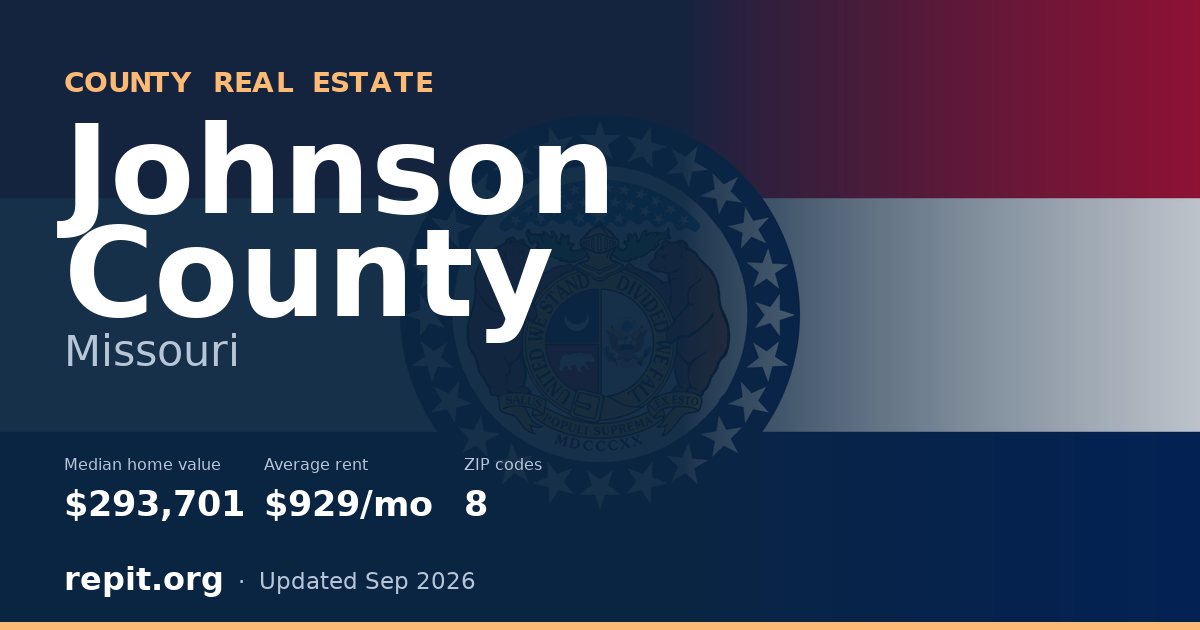 Johnson County, MO real estate — median home value $293,701, average rent $929/mo