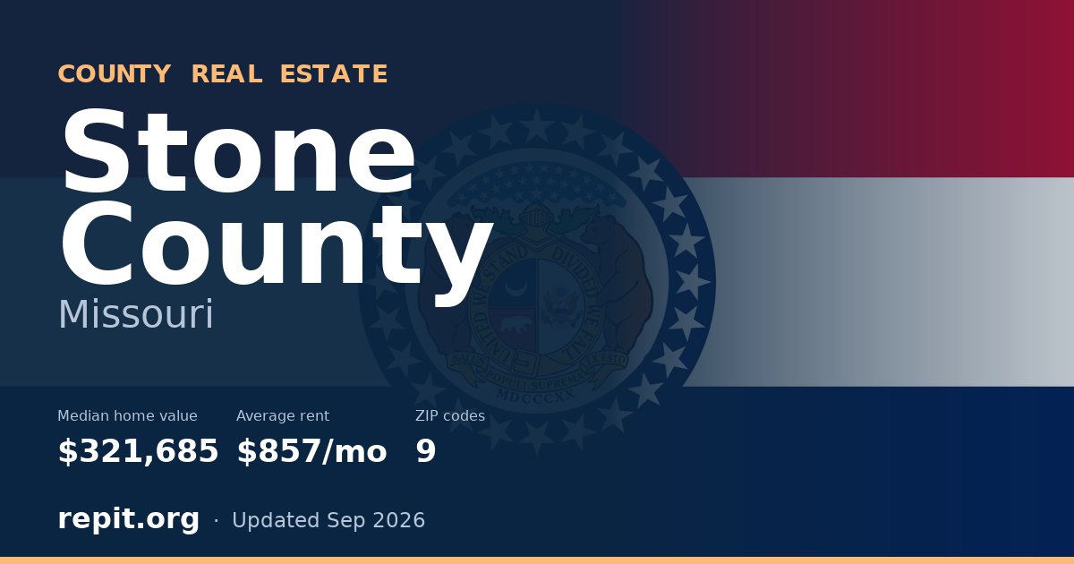 Stone County, MO real estate — median home value $321,685, average rent $857/mo
