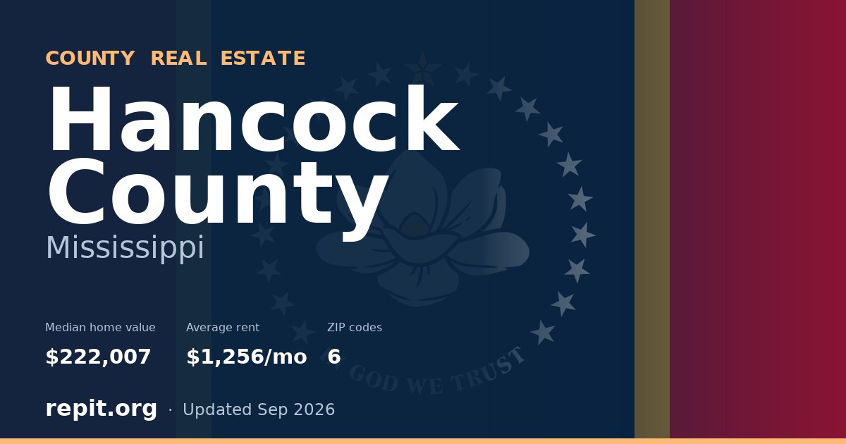 Hancock County, MS real estate — median home value $222,007, average rent $1,256/mo