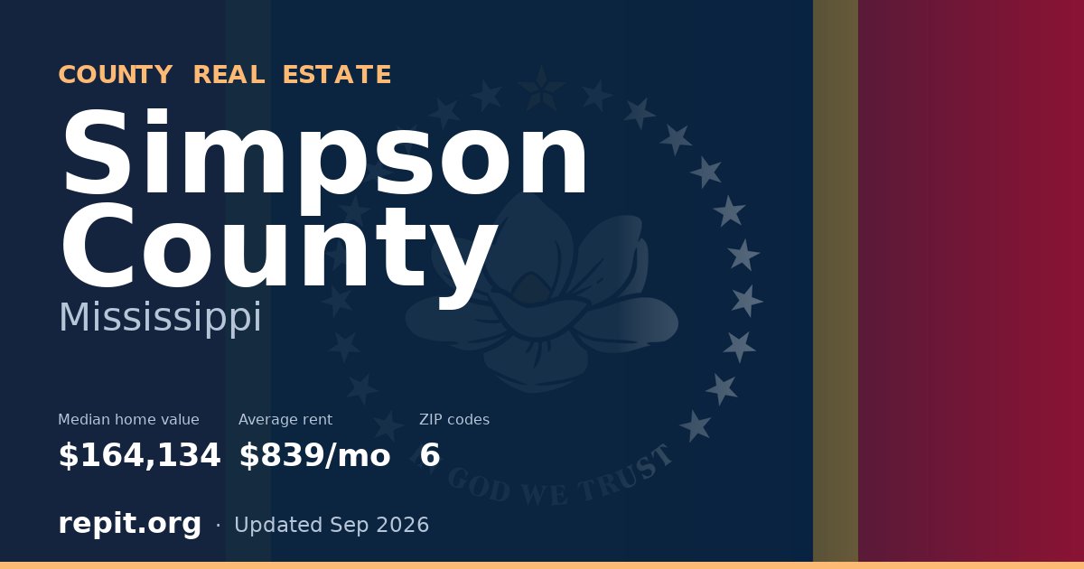 Simpson County, MS real estate — median home value $164,134, average rent $839/mo