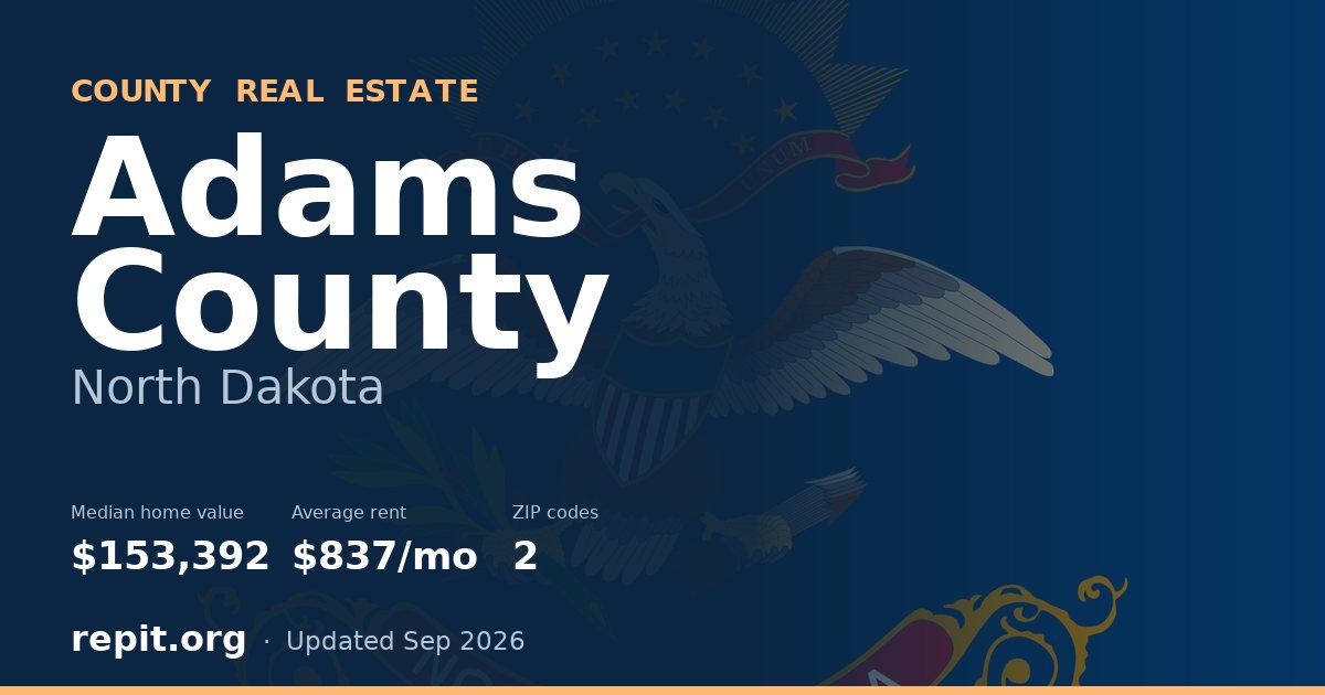 Adams County, ND real estate — median home value $153,392, average rent $837/mo