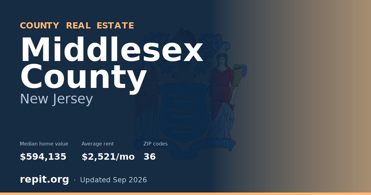 Middlesex County, NJ real estate — median home value $594,135, average rent $2,521/mo