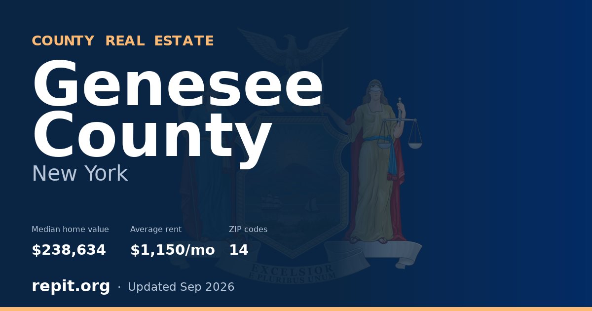 Genesee County, NY real estate — median home value $238,634, average rent $1,150/mo
