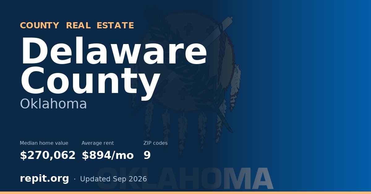 Delaware County, OK real estate — median home value $270,062, average rent $894/mo