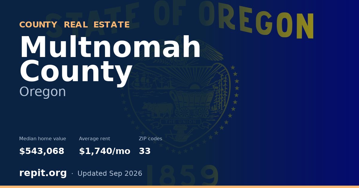 Multnomah County, OR real estate — median home value $543,068, average rent $1,740/mo