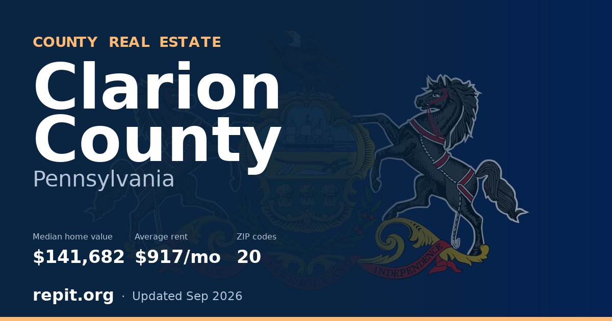 Clarion County, PA real estate — median home value $141,682, average rent $917/mo