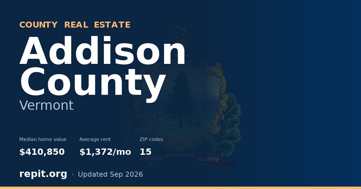 Addison County, VT real estate — median home value $410,850, average rent $1,372/mo