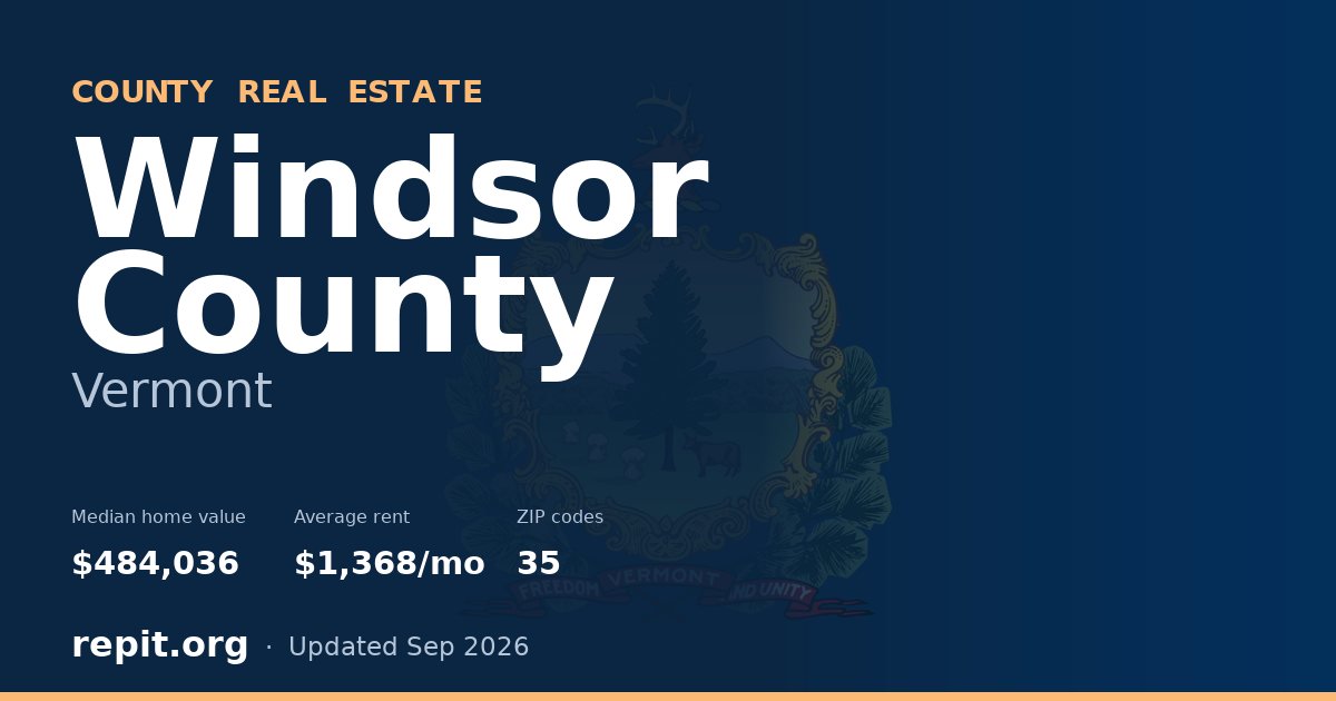 Windsor County, VT real estate — median home value $484,036, average rent $1,368/mo