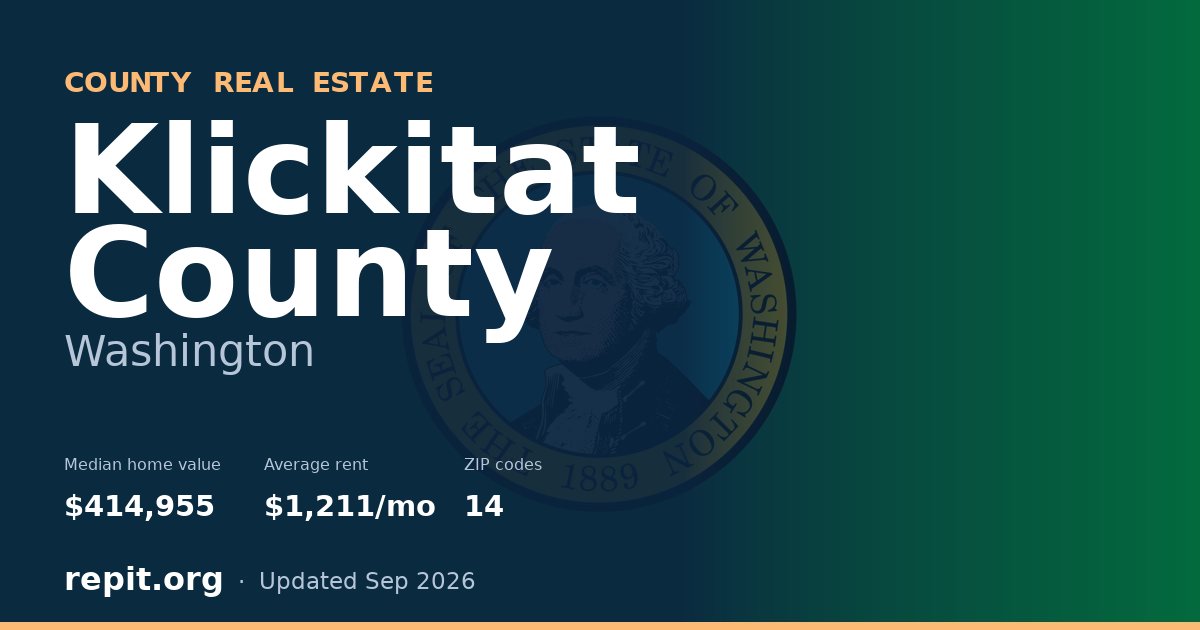Klickitat County, WA real estate — median home value $414,955, average rent $1,211/mo