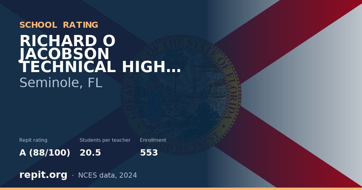 RICHARD O JACOBSON TECHNICAL HIGH SCHOOL AT SEMINOLE, Seminole, FL — Repit school rating A (88/100)
