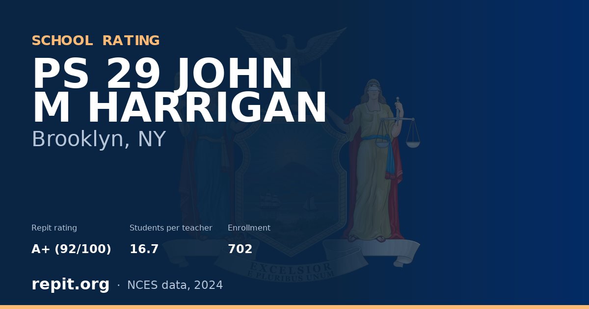 PS 29 JOHN M HARRIGAN, Brooklyn, NY — Repit school rating A+ (92/100)
