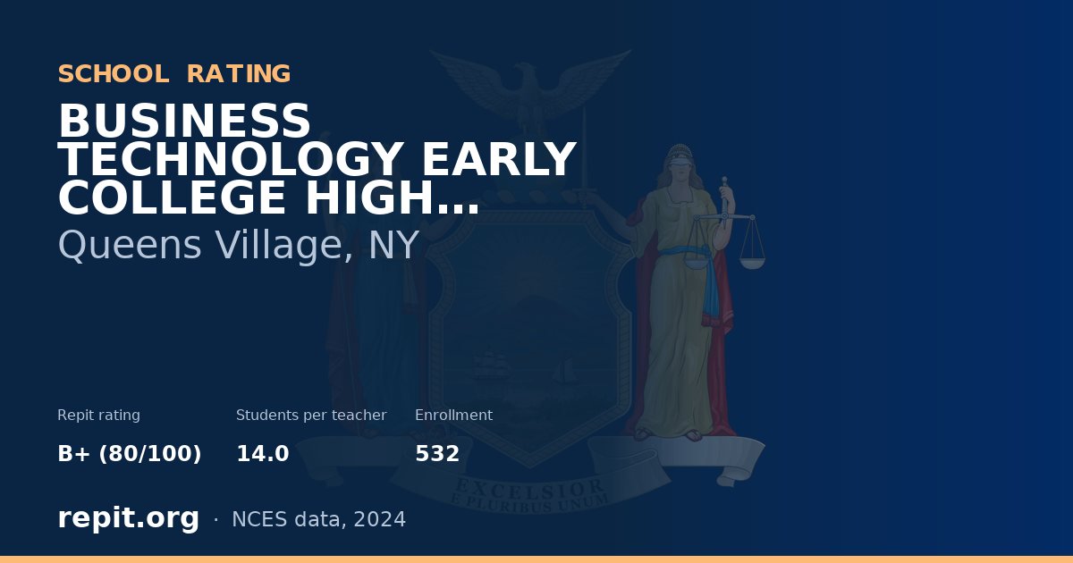 BUSINESS TECHNOLOGY EARLY COLLEGE HIGH SCHOOL, Queens Village, NY — Repit school rating B+ (80/100)