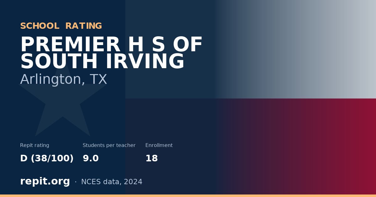 PREMIER H S OF SOUTH IRVING, Arlington, TX — Repit school rating D (38/100)