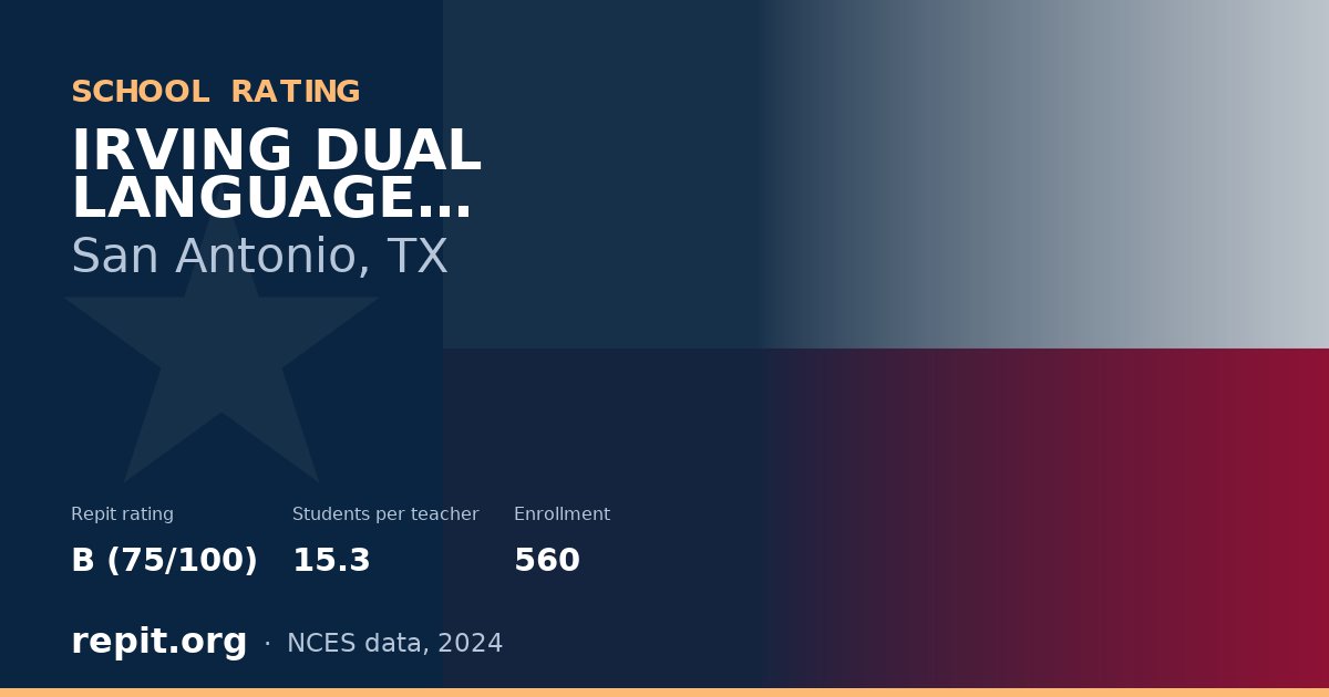IRVING DUAL LANGUAGE ACADEMY, San Antonio, TX — Repit school rating B (75/100)