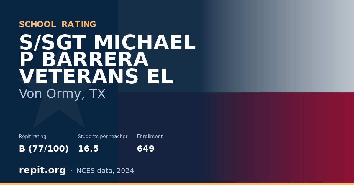 S/SGT MICHAEL P BARRERA VETERANS EL, Von Ormy, TX — Repit school rating B (77/100)