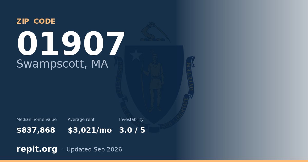 ZIP code 01907 (Swampscott, MA) — median home value $837,868, average rent $3,021/mo
