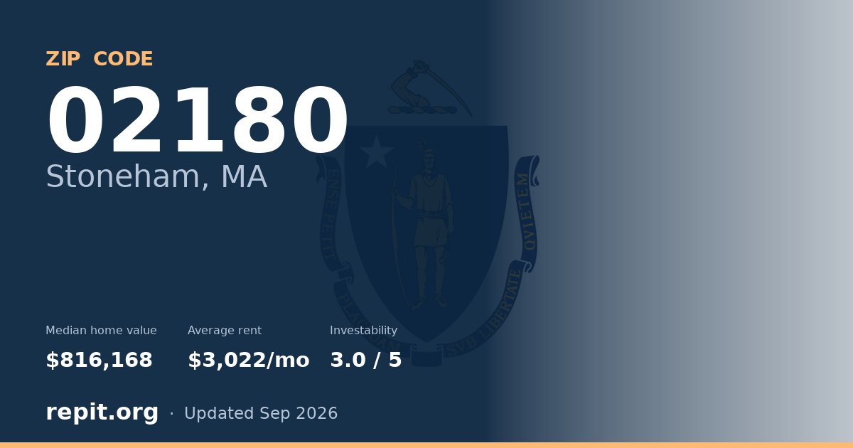 ZIP code 02180 (Stoneham, MA) — median home value $816,168, average rent $3,022/mo