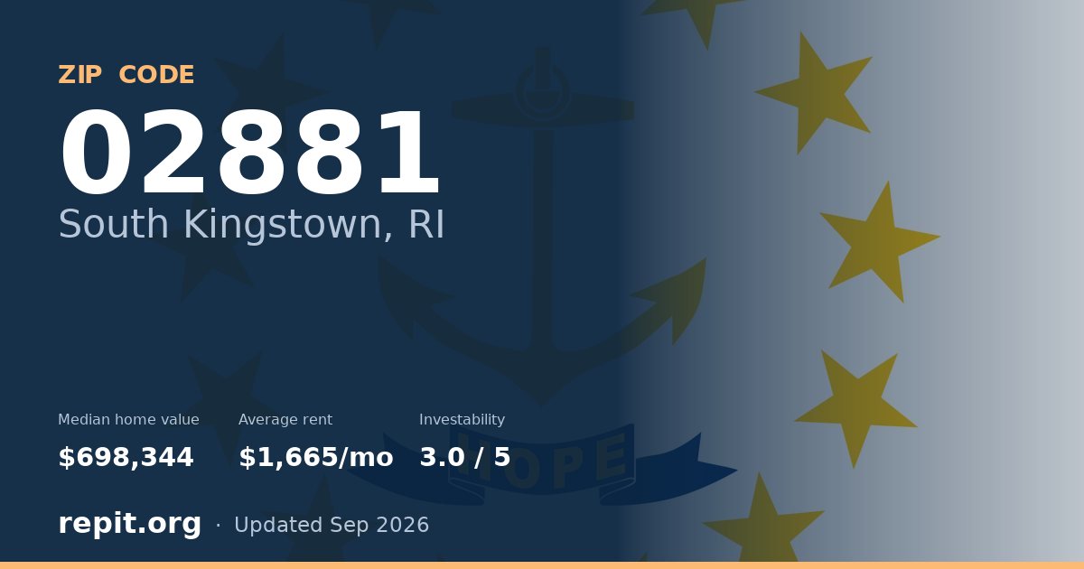 ZIP code 02881 (South Kingstown, RI) — median home value $698,344, average rent $1,665/mo
