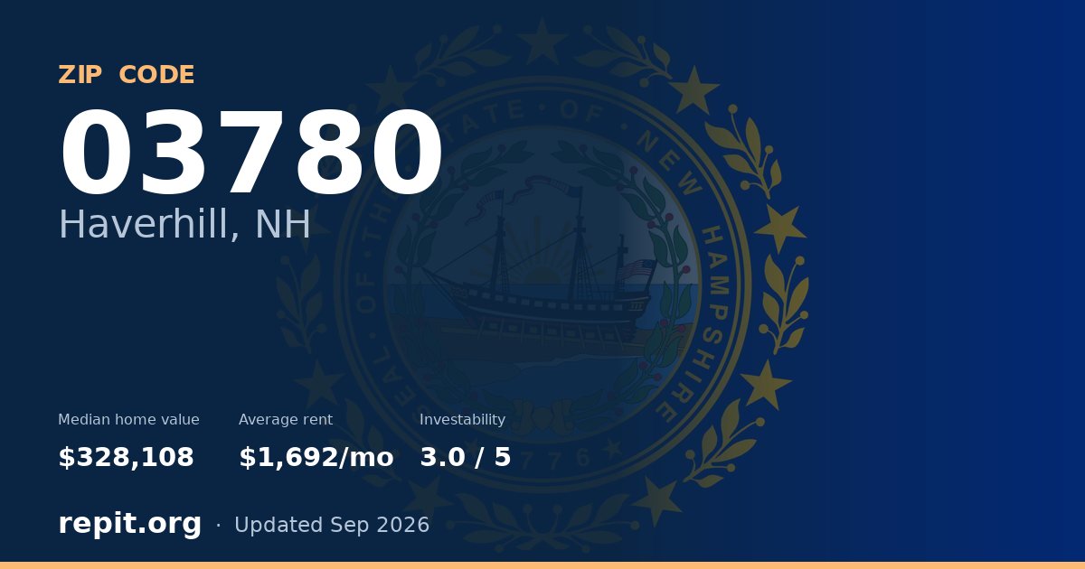 ZIP code 03780 (Haverhill, NH) — median home value $328,108, average rent $1,692/mo