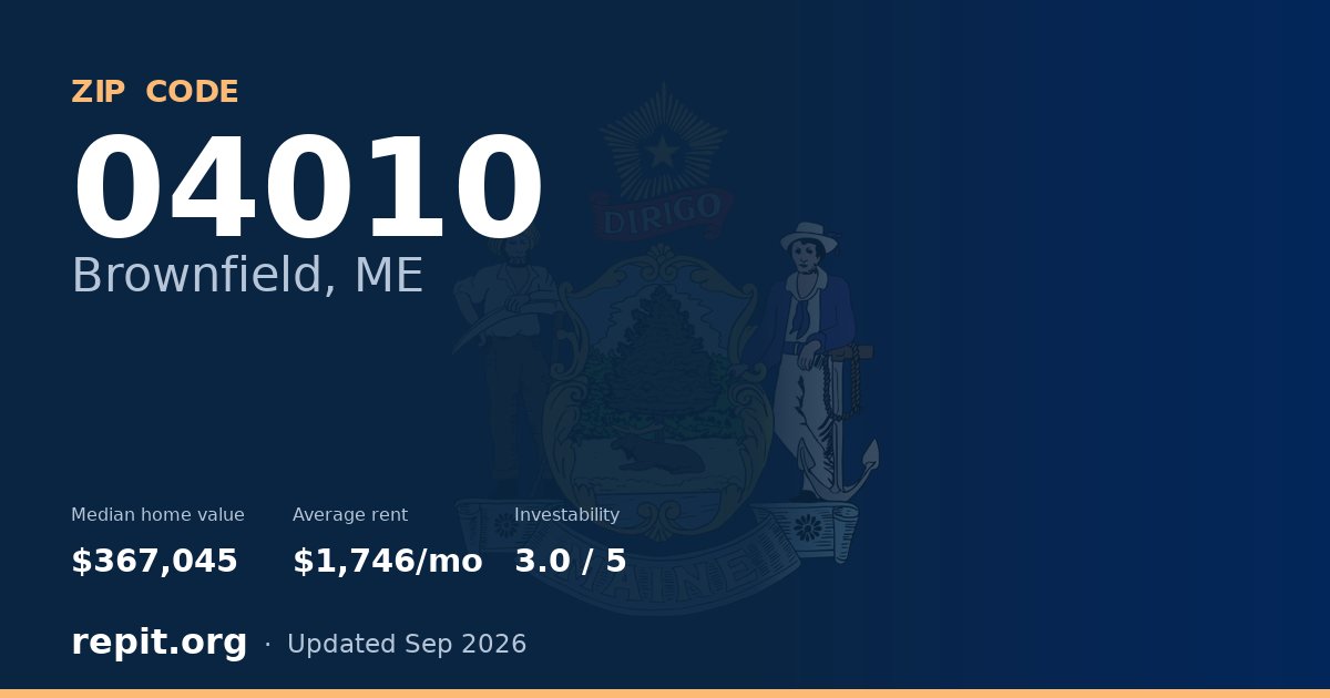 ZIP code 04010 (Brownfield, ME) — median home value $367,045, average rent $1,746/mo