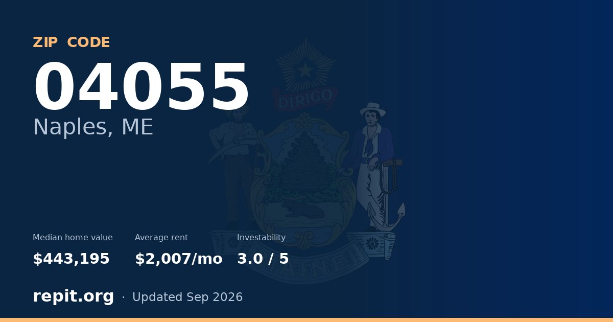 ZIP code 04055 (Naples, ME) — median home value $443,195, average rent $2,007/mo