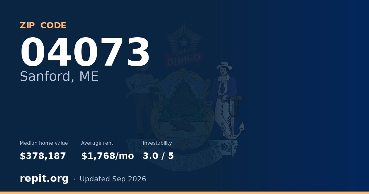 ZIP code 04073 (Sanford, ME) — median home value $378,187, average rent $1,768/mo