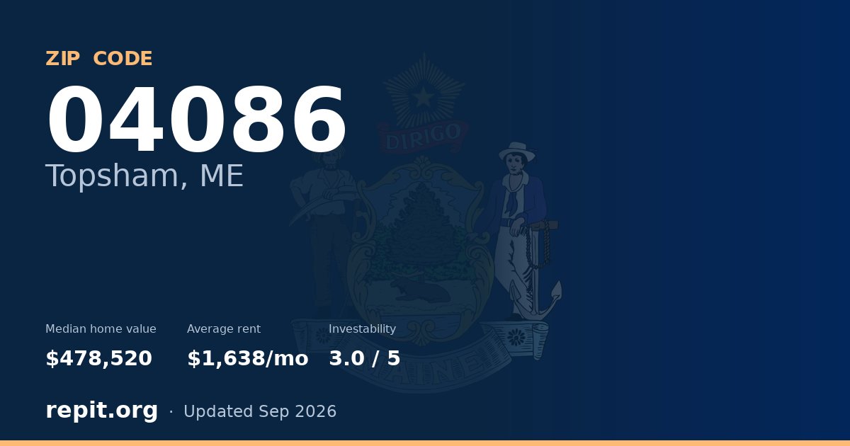 ZIP code 04086 (Topsham, ME) — median home value $478,520, average rent $1,638/mo