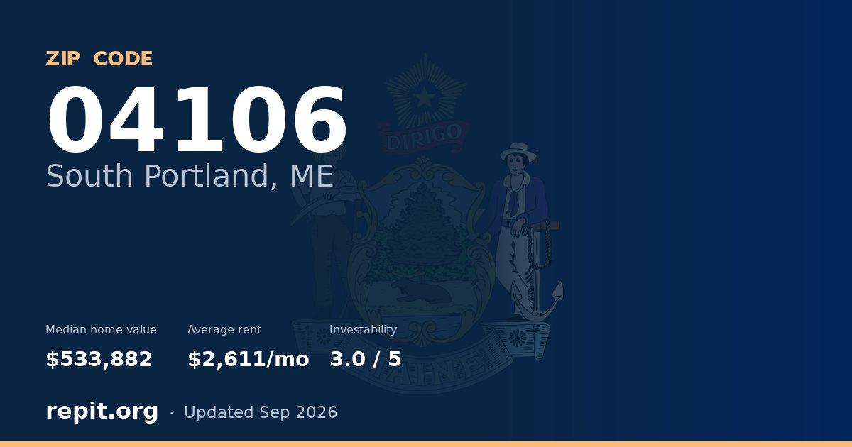 ZIP code 04106 (South Portland, ME) — median home value $533,882, average rent $2,611/mo