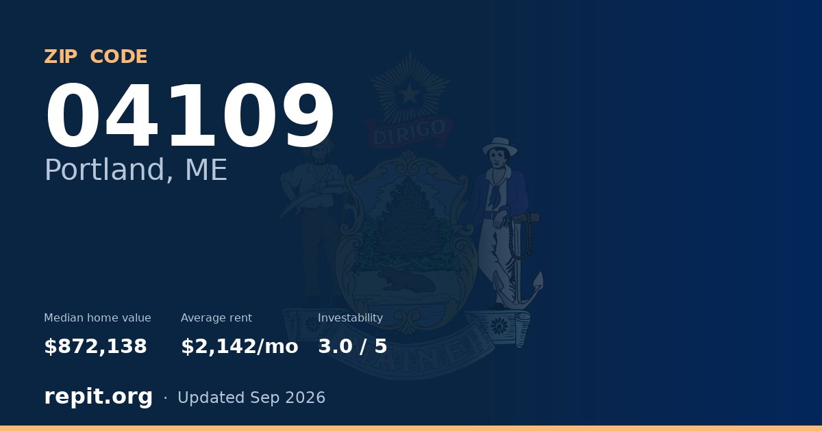 ZIP code 04109 (Portland, ME) — median home value $872,138, average rent $2,142/mo