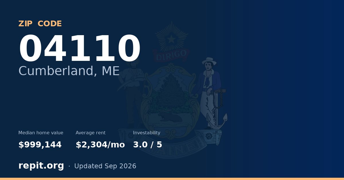 ZIP code 04110 (Cumberland, ME) — median home value $999,144, average rent $2,304/mo