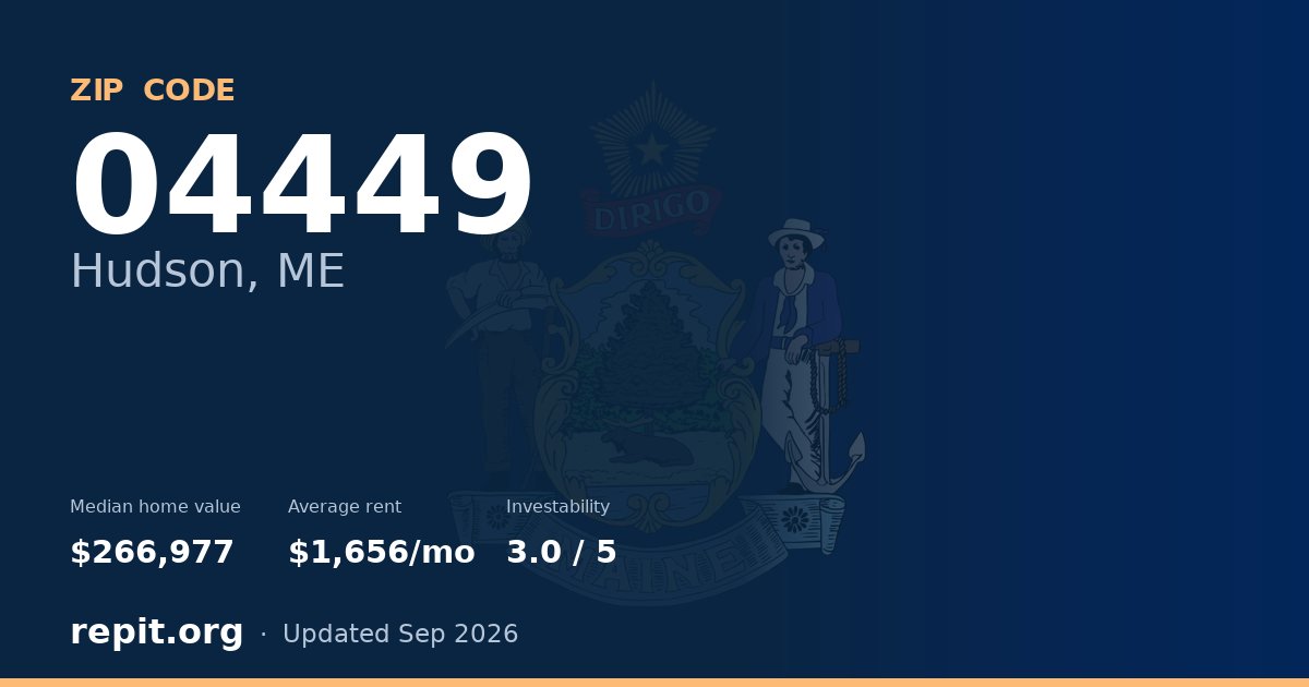 ZIP code 04449 (Hudson, ME) — median home value $266,977, average rent $1,656/mo