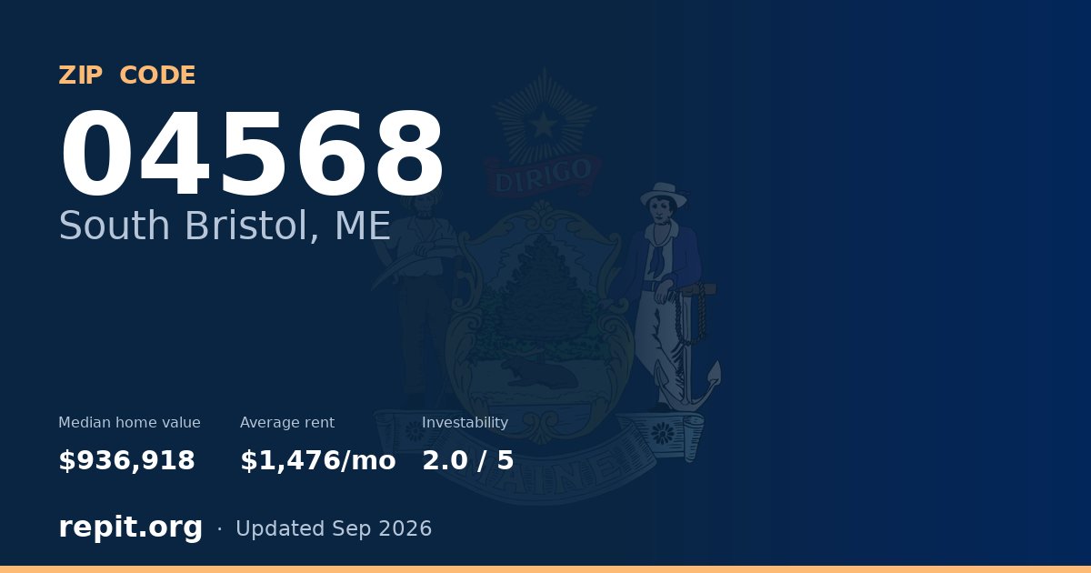 ZIP code 04568 (South Bristol, ME) — median home value $936,918, average rent $1,476/mo