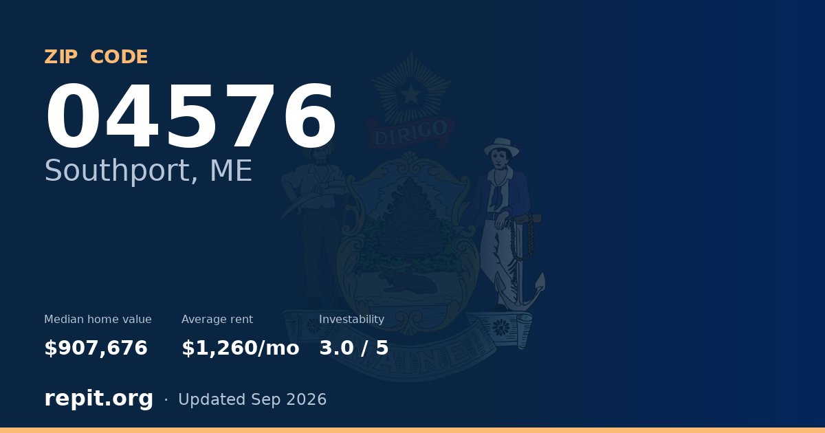 ZIP code 04576 (Southport, ME) — median home value $907,676, average rent $1,260/mo