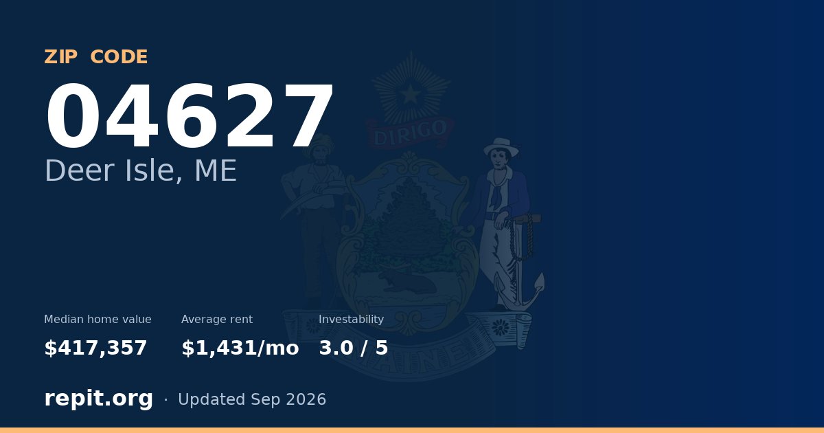 ZIP code 04627 (Deer Isle, ME) — median home value $417,357, average rent $1,431/mo