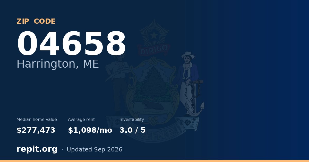 ZIP code 04658 (Harrington, ME) — median home value $277,473, average rent $1,098/mo