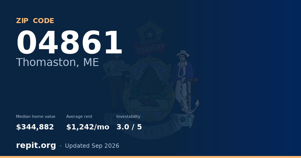 ZIP code 04861 (Thomaston, ME) — median home value $344,882, average rent $1,242/mo