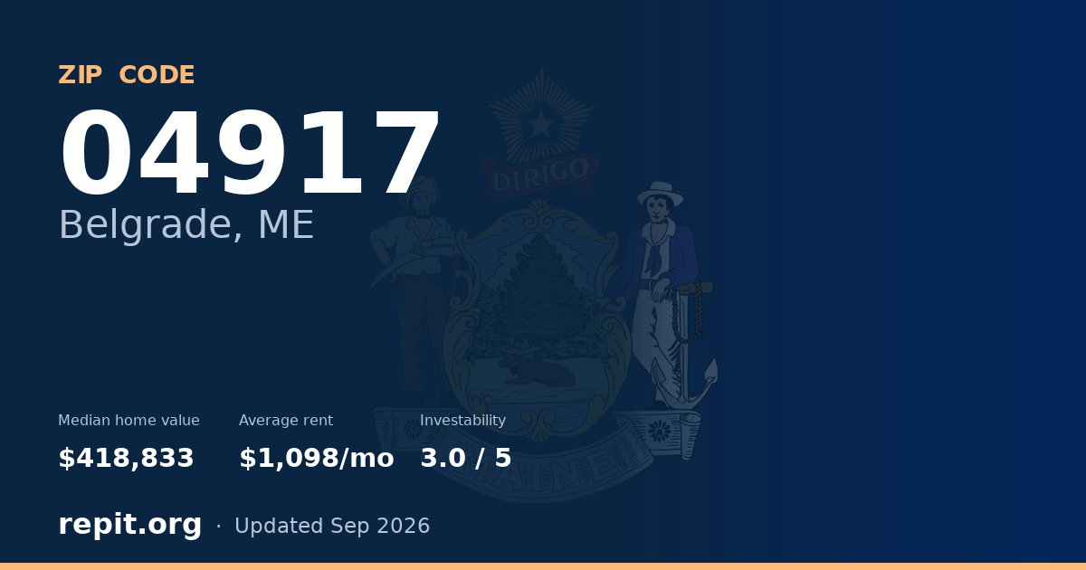 ZIP code 04917 (Belgrade, ME) — median home value $418,833, average rent $1,098/mo