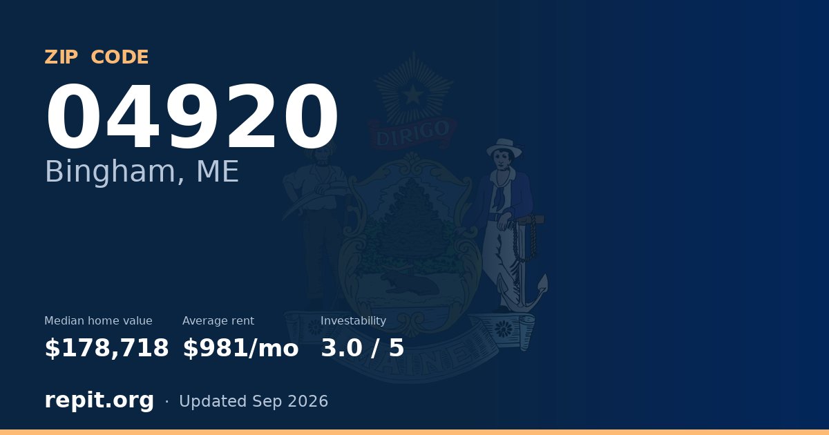 ZIP code 04920 (Bingham, ME) — median home value $178,718, average rent $981/mo