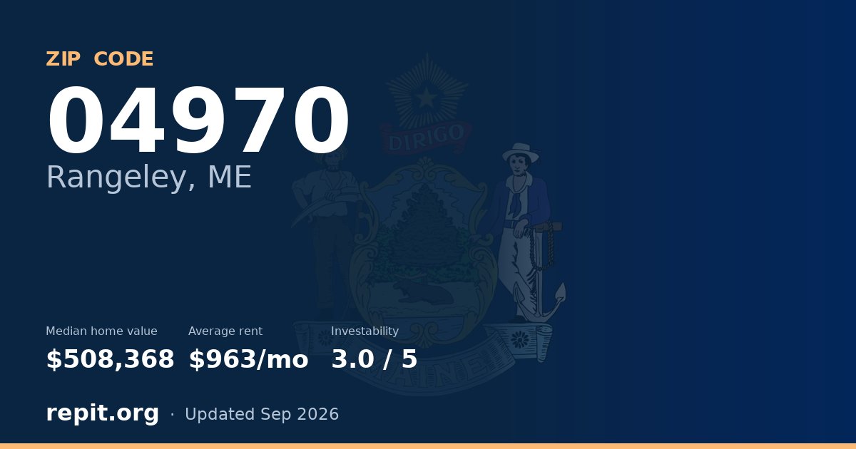 ZIP code 04970 (Rangeley, ME) — median home value $508,368, average rent $963/mo