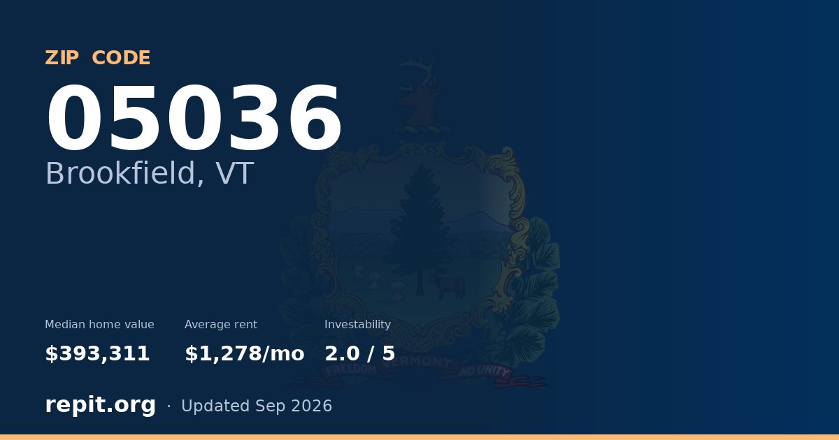 ZIP code 05036 (Brookfield, VT) — median home value $393,311, average rent $1,278/mo
