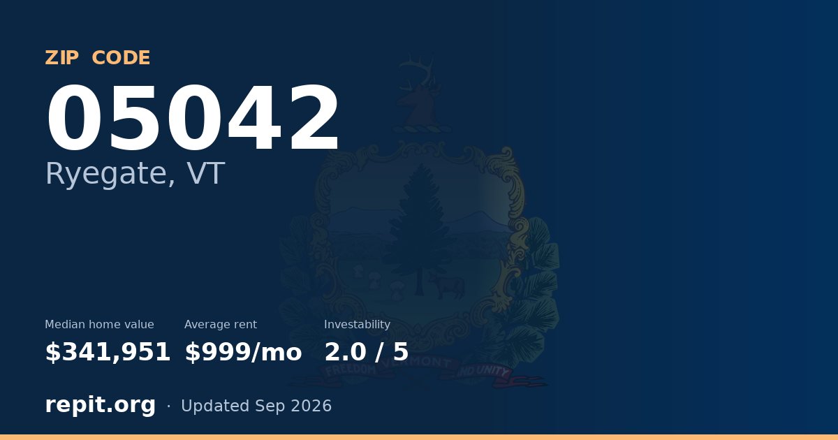 ZIP code 05042 (Ryegate, VT) — median home value $341,951, average rent $999/mo