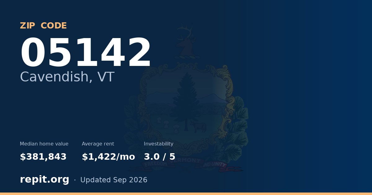ZIP code 05142 (Cavendish, VT) — median home value $381,843, average rent $1,422/mo