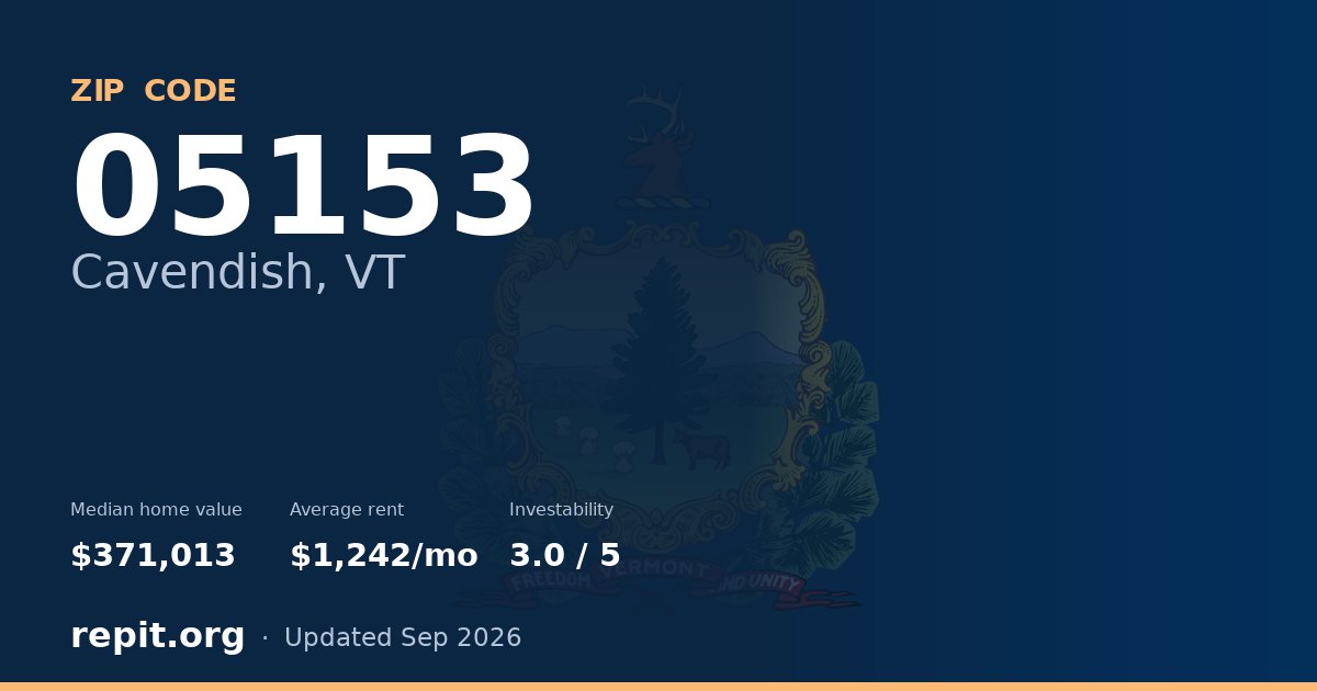 ZIP code 05153 (Cavendish, VT) — median home value $371,013, average rent $1,242/mo