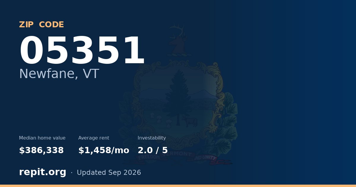 ZIP code 05351 (Newfane, VT) — median home value $386,338, average rent $1,458/mo
