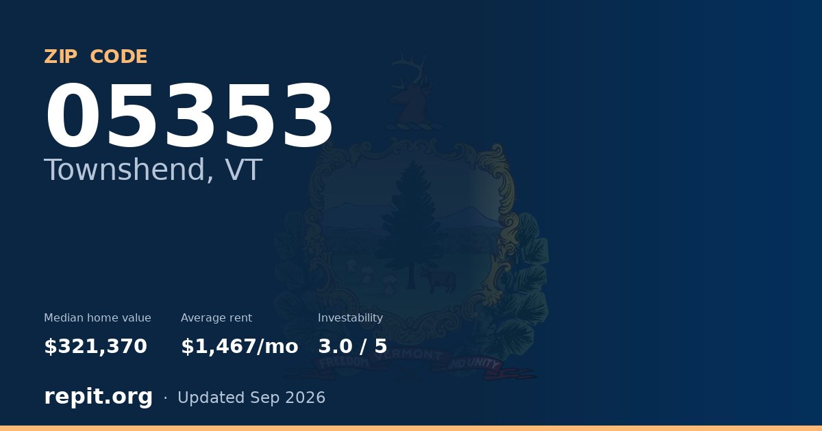 ZIP code 05353 (Townshend, VT) — median home value $321,370, average rent $1,467/mo