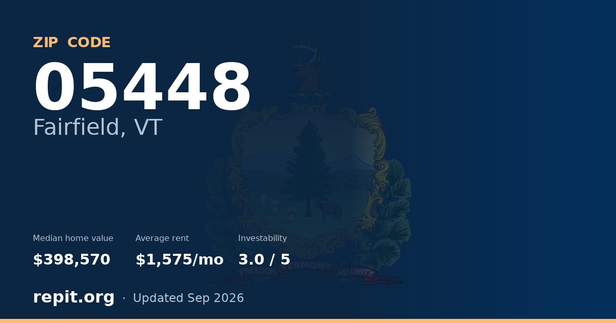 ZIP code 05448 (Fairfield, VT) — median home value $398,570, average rent $1,575/mo