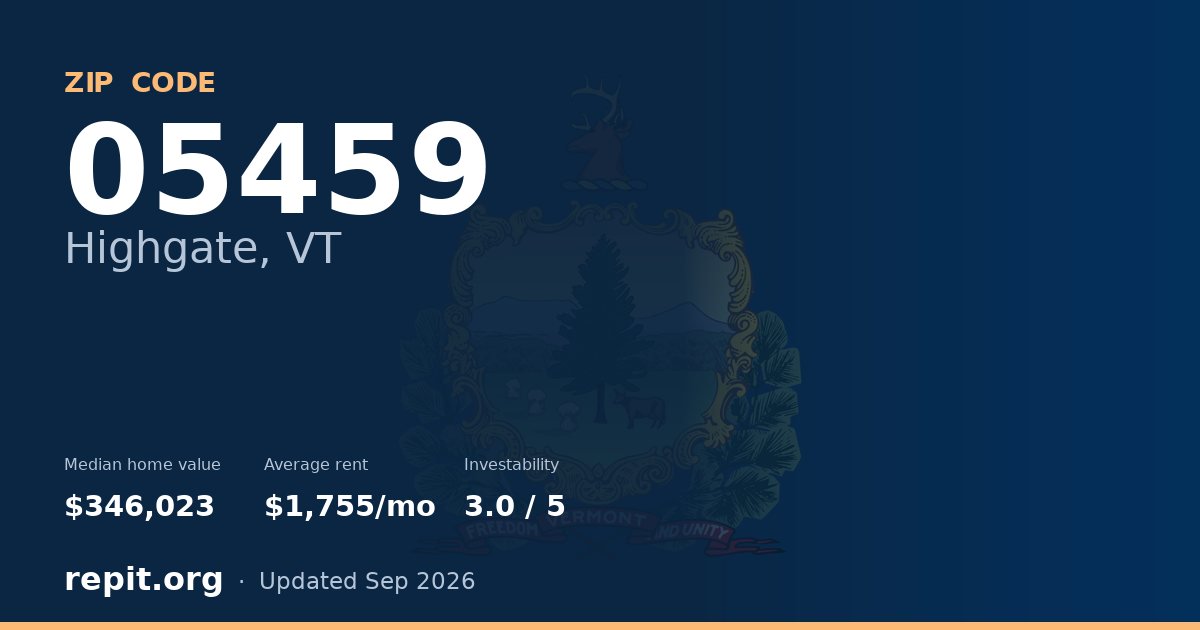 ZIP code 05459 (Highgate, VT) — median home value $346,023, average rent $1,755/mo